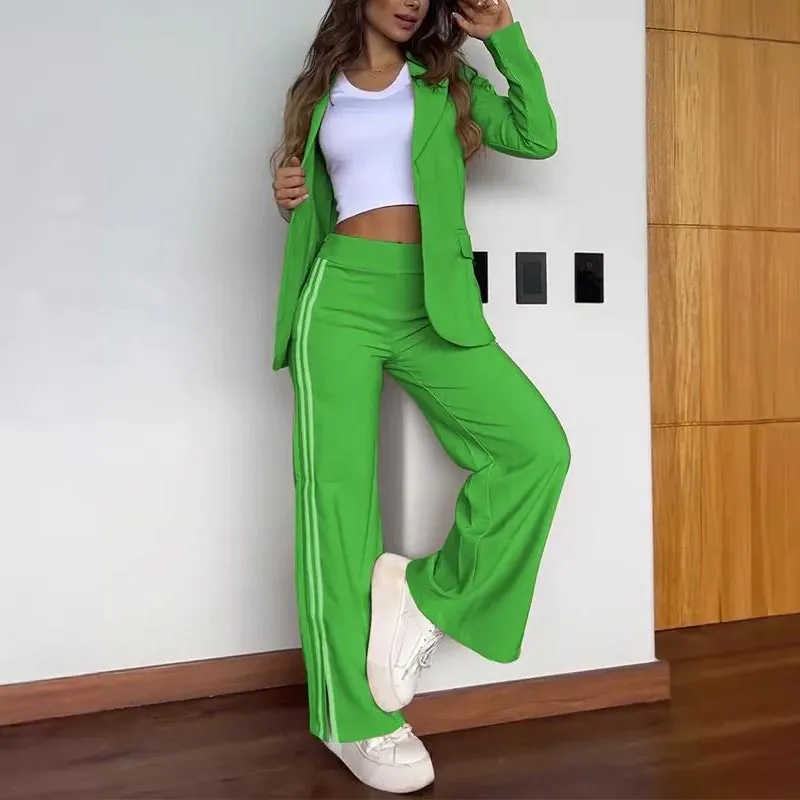 Women's Casual Notched Lapel Blazer and Wide-leg Pants Set
