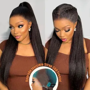 Yaki Straight Invisi Strap 360 Skin Lace Frontal Glueless Lay Flat Pre Cut Lace Human Hair Wig