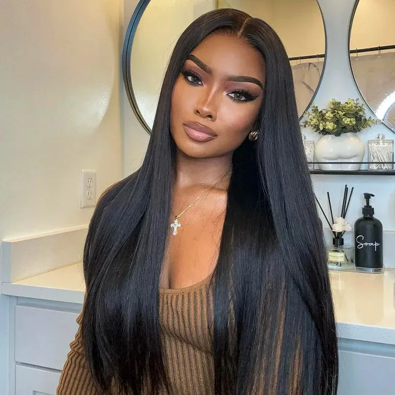 Yaki Straight Invisi Strap 360 Skin Lace Frontal Glueless Lay Flat Pre Cut Lace Human Hair Wig